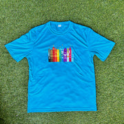 Small World After All 100% polyester shirt-Pride edition, atomic blue